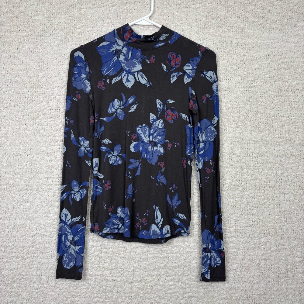 Free‎ People Top Womens Small Chocolate Printed Black Floral Long Sleeve Stretch